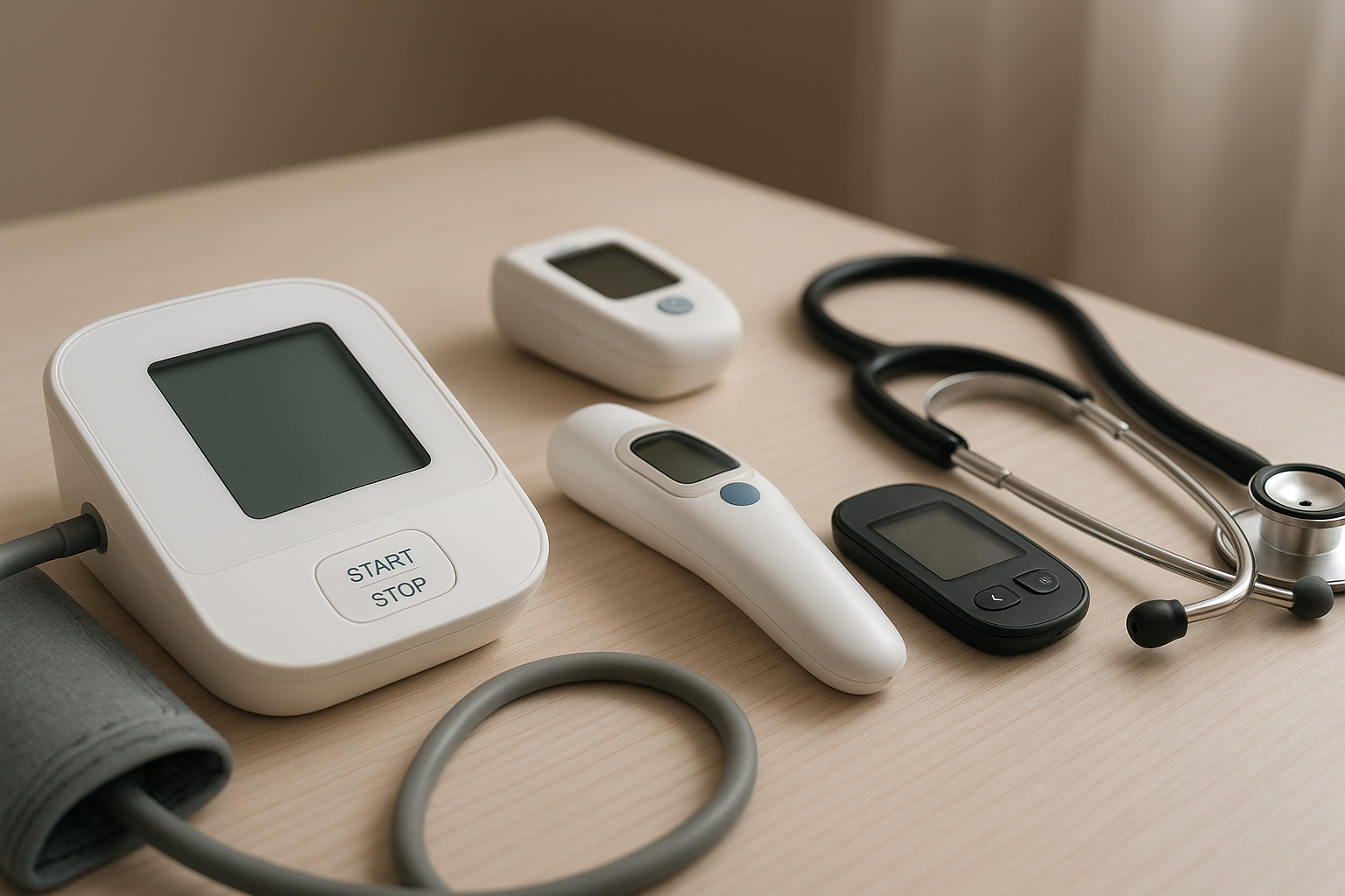 Medical devices including a digital blood pressure monitor, thermometer, glucometer, pulse oximeter, and stethoscope neatly arranged on a wooden table.
