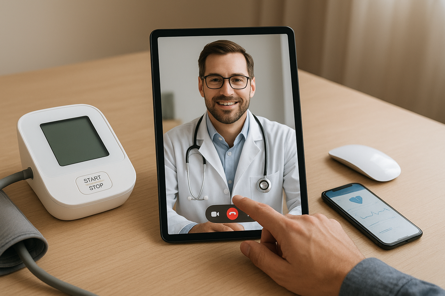 Digital health and telemedicine concept showing a doctor on a tablet video call with medical devices and a smartphone health app on the table.